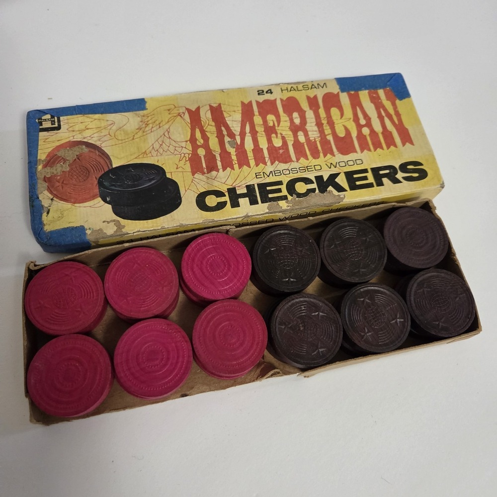 Halsam American Embossed Wood Checkers Set No 145H Vintage Strategy Board Game